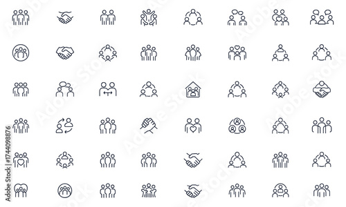 Community icon set, editable linear vector illustration of teamwork, partnership, cooperation, meeting, communication, handshake, group, relationship, unity, support, collaboration, social network