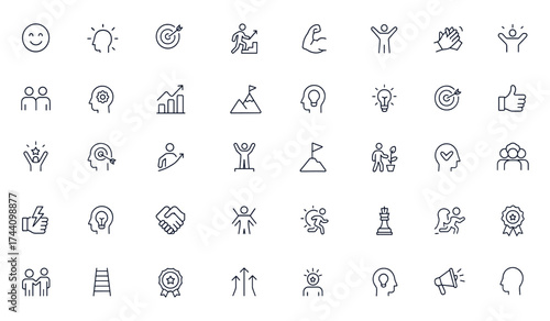 Motivation and success icon set, positive line illustration with teamwork, growth, challenge, inspiration, leadership, goal setting, empowerment, career achievement, editable stroke vector art