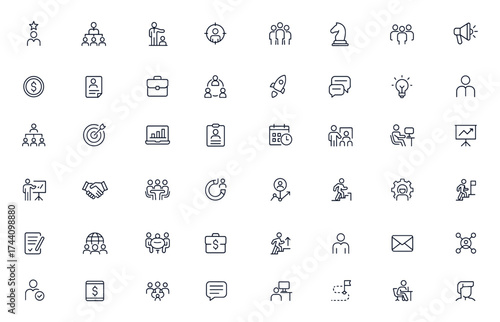 Business, management, and finance icon set with editable stroke, featuring leadership, teamwork, marketing, recruitment, communication, and strategy concepts for corporate success vector illustration