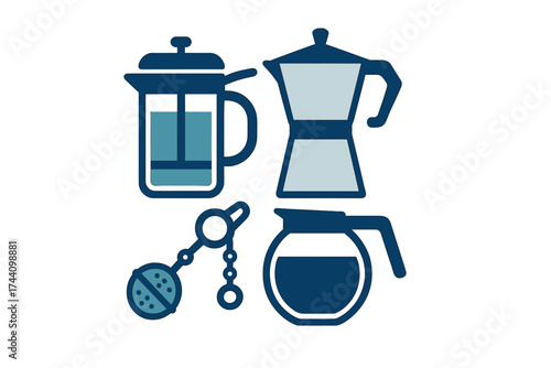 Coffee and tea brewing equipment including French press Moka pot and tea infuser