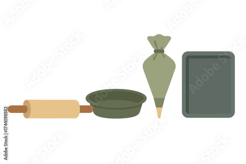 Essential kitchen tools for baking preparation including rolling pin, round pan, and piping bag