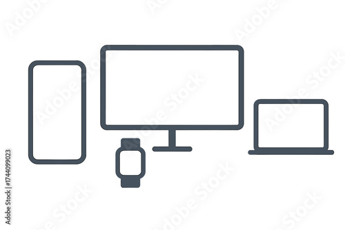 Set of responsive design devices: smartphone, monitor, laptop, and smartwatch