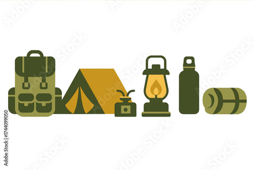 Set of essential camping and hiking equipment including backpack tent lantern and sleeping bag
