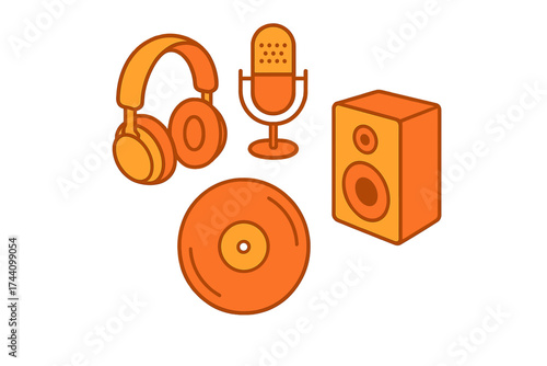 Set of essential audio equipment icons including headphones, studio microphone, vinyl record, and speaker