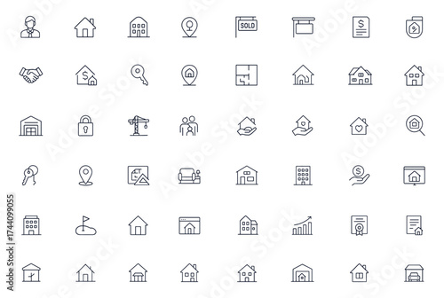 Real estate icon vector illustration, editable stroke of property, house, apartment, building, realtor, architecture, residence, commercial and residential design, mortgage, sale, home investment