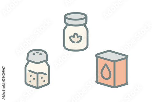 Kitchen condiments set including salt shaker spice jar and cooking oil container