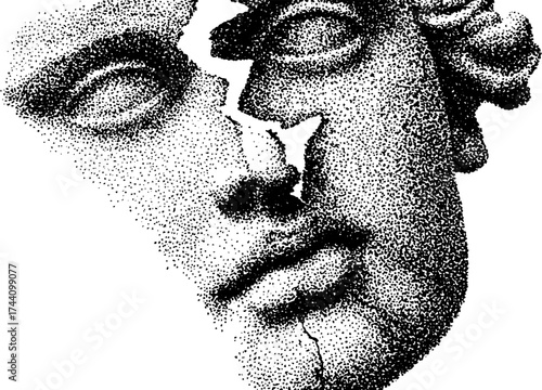 Minimalist stipple art of classical sculpture face with dotwork technique