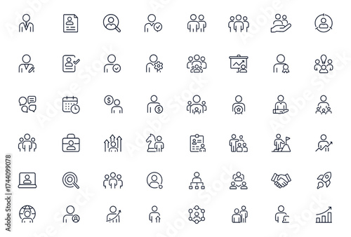 Human resources icons set, recruitment and personnel management vector, corporate HR staff, teamwork, communication, business strategy, leadership, training, career growth, organization, planning