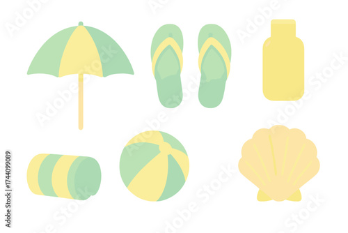 Summer vacation essentials collection featuring beach umbrella, flip flops, sunscreen, and seashell