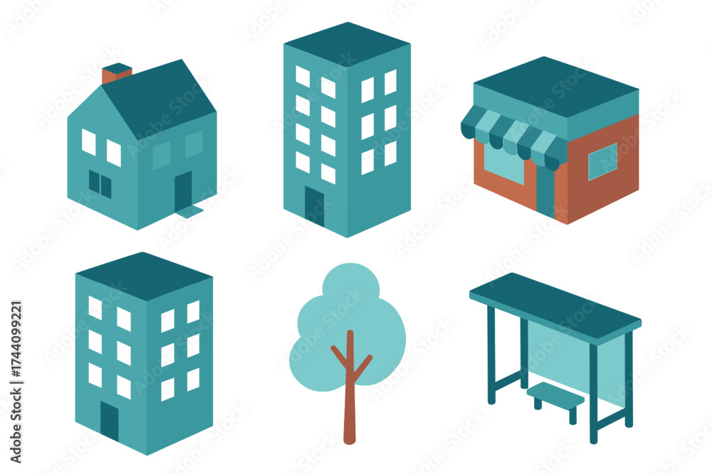 Fototapeta premium Isometric city buildings set featuring residential house, commercial shop, tree, and bus stop shelter