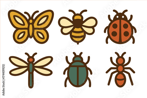Stylized set of common garden insects: butterfly, bee, ladybug, dragonfly, and ant