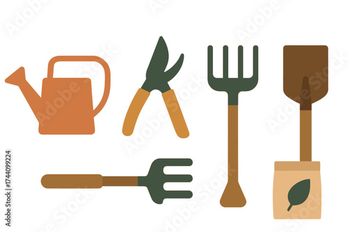 Set of essential gardening tools including watering can, pruning shears, shovel, and hand fork