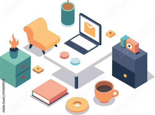 Isometric vector illustration of a tidy home office desk setup with laptop and decor