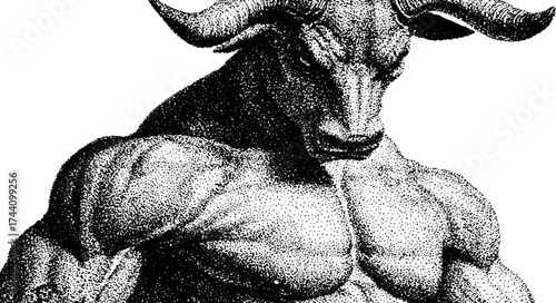 Detailed dotwork stipple illustration of a minotaur for mythological art design