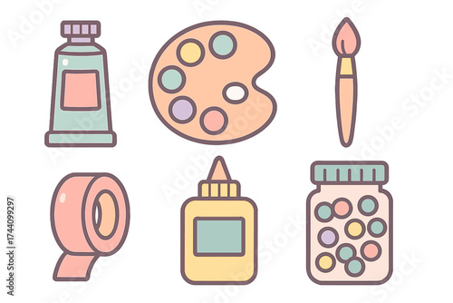Set of colorful icons representing painting equipment and crafting accessories