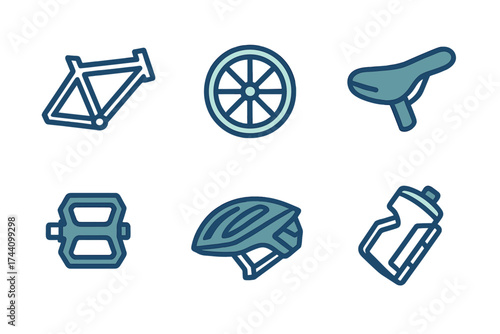 Collection of essential cycling equipment and bicycle components including frame, wheel, saddle, pedal, and helmet