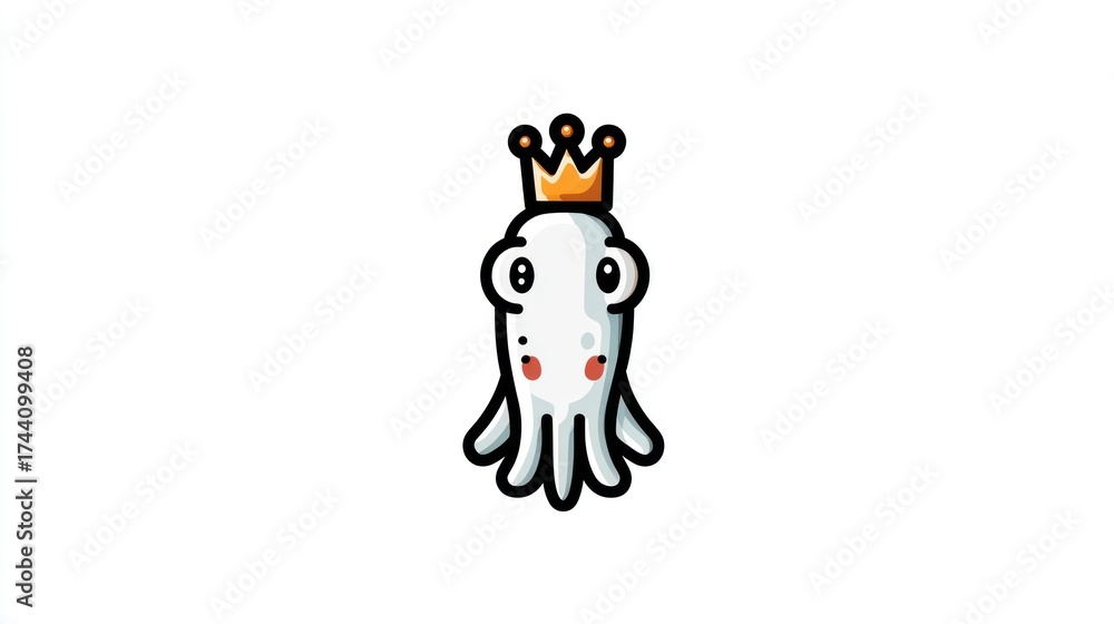 Fototapeta premium Cartoon squid character wearing a golden crown on white background