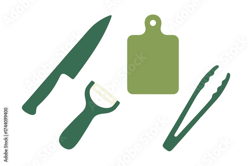 Essential kitchen utensils set featuring a chef knife, vegetable peeler, cutting board, and tongs