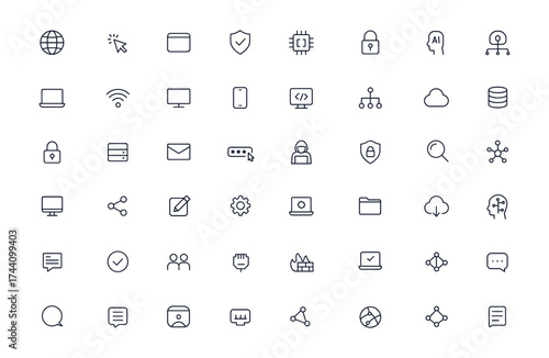 Internet technology and cybersecurity editable line icon set with AI, data, software, hardware, and digital devices for secure online communication, network systems, and cloud computing, vector