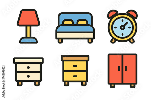 Colorful set of bedroom furniture and accessory icons including bed and wardrobe