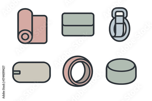 Minimalist collection of fitness and yoga equipment symbols in soft pastel colors