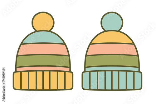 Two cozy striped knit beanies featuring pom-poms in pastel and earthy colors isolated on white