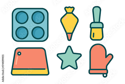Colorful icons representing essential kitchen baking tools and equipment