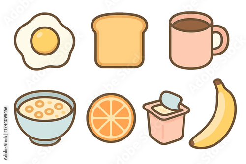 Cute breakfast food items including egg toast coffee cereal orange yogurt and banana