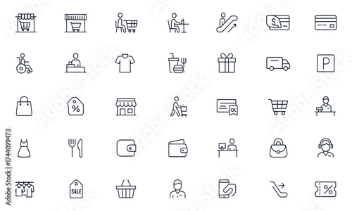 Shopping mall vector icon set, including supermarket, department store, escalator, cashier, shopping cart, clothing, payment, food court, credit card, gift shop, fashion, customer, and more