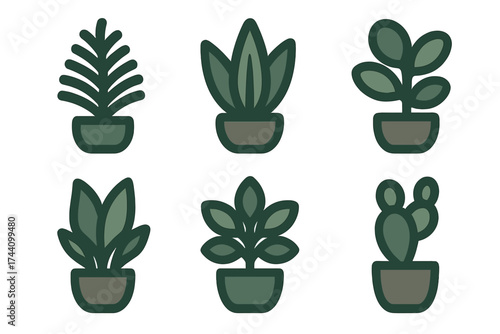 Collection of six stylized potted houseplants and succulents for interior decoration