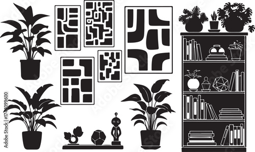 Office interior in flat style. Modern business workspace with office furniture: chair, desk, computer, bookcase, clock on the wall and window. Vector illustration.