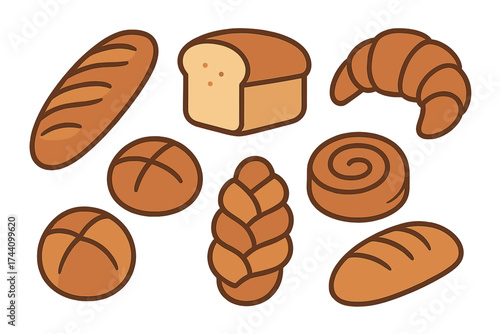 Assortment of fresh bakery items including sliced sandwich loaf, baguette, croissant, and dinner rolls