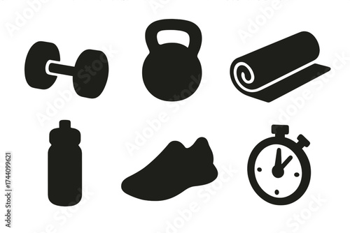 Set of black silhouette icons for essential gym and workout equipment