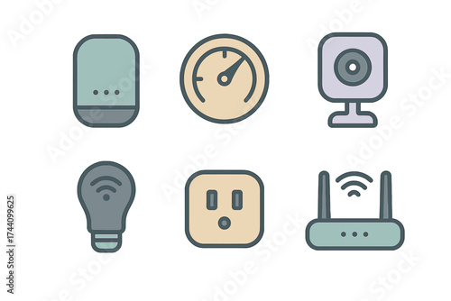 Essential technology symbols for smart home automation and digital connectivity systems