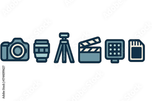 Set of essential photography and filmmaking equipment including camera lens tripod and memory card