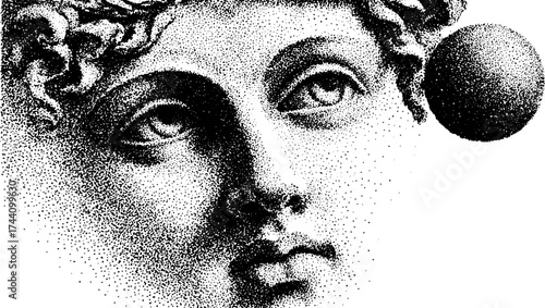 Mythological god in detailed dotwork stippling illustration for classic art design