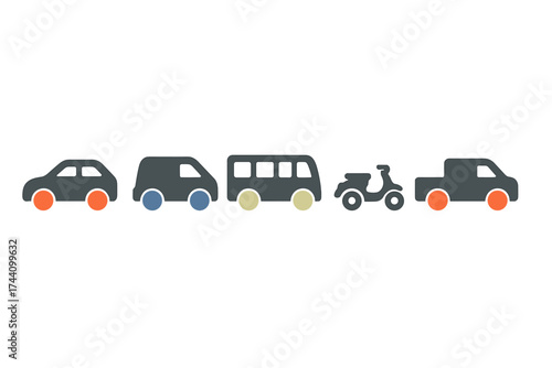 Stylized row of diverse road vehicles including sedan van bus scooter and pickup truck