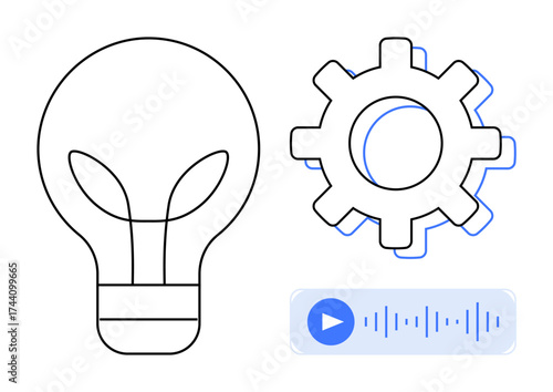 Light bulb for creativity, gear for automation, and audio wave with play icon for technology. Ideal for innovation, technology, AI, creativity, productivity automation communication. Simple flat