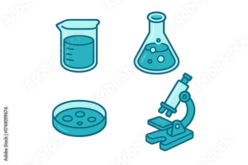 Essential laboratory equipment featuring beaker, conical flask, petri dish, and microscope