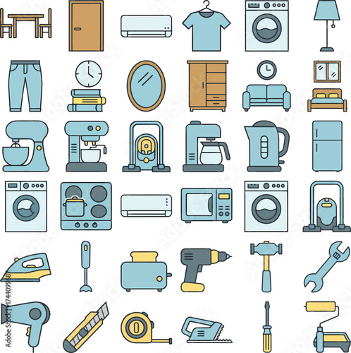 Home Appliances and Furniture Icons in Old Cartoon Style