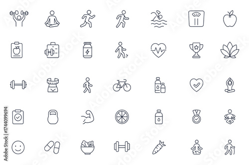 Fitness and diet vector icon set with yoga, gym, running, stretching, cardio, workout gear, supplements, heart rate, wellness, and weight loss illustrations for healthy lifestyle design, sport icons