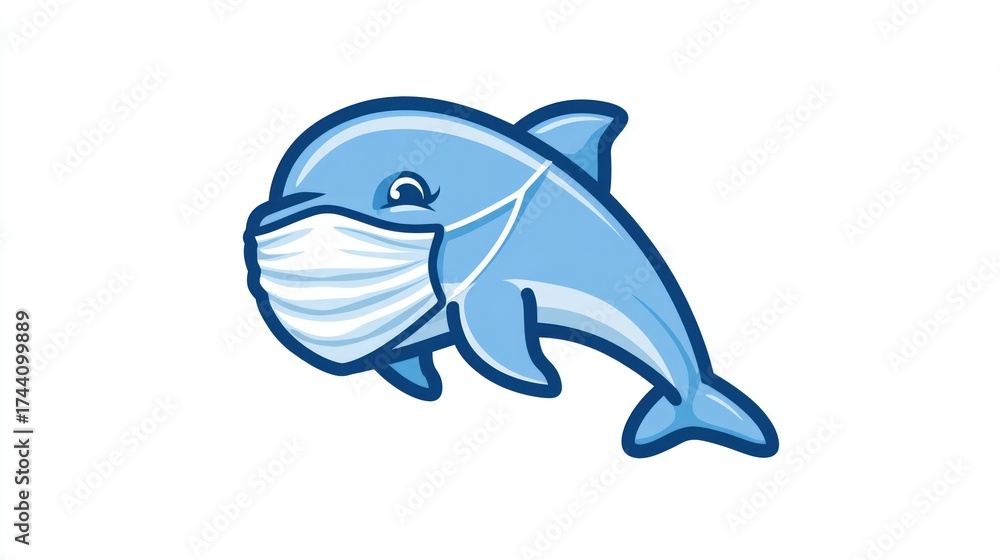 Obraz premium Cartoon dolphin wearing a protective medical mask on a white background