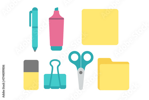 Set of essential stationery icons including pen, highlighter, sticky note, and folder