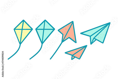 Colorful collection of traditional kites and folded paper airplanes flying