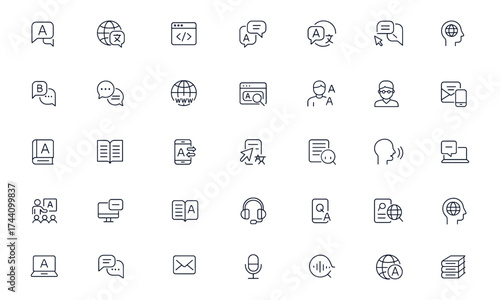 Language icon collection, editable stroke vector illustration with communication, education, conversation, learning, study, dialogue, speaking, reading, writing, multilingual, translation, culture