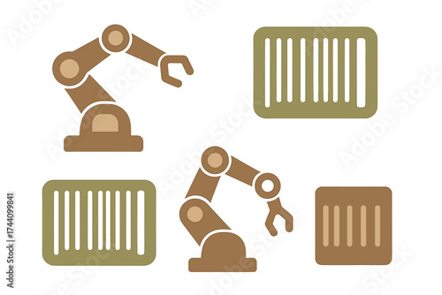 Stylized icons featuring automated robotic arms and various industrial shipping containers