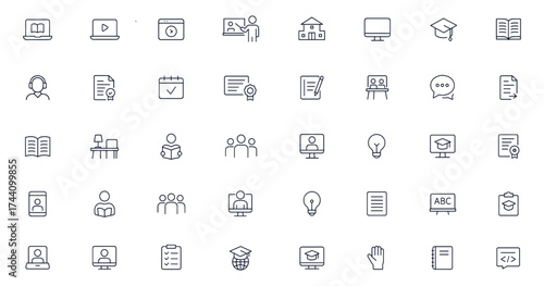 Education and e-learning icon set for online study, training, teacher, school, student, classroom, course, webinar, chat, video call, graduation, and digital learning vector illustration, study tools