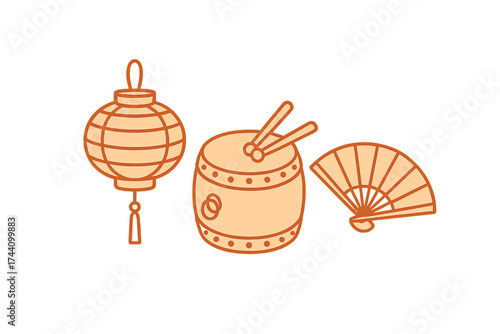 Asian cultural icons set with traditional paper lantern, ceremonial drum, and folding hand fan