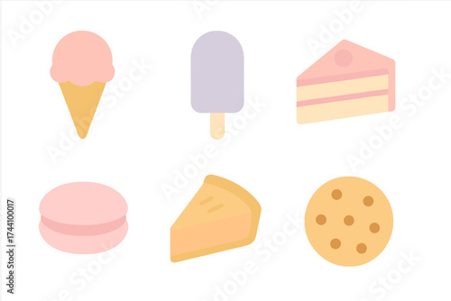 Assortment of sweet dessert icons featuring ice cream cone macaron and pie slices