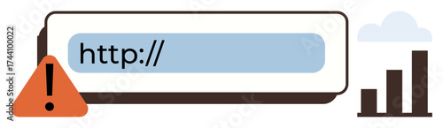 URL bar with warning alert icon highlights an online issue. Next to it, a bar chart and cloud illustrate data tracking, analytics, and user experience. Ideal for technology, web security, SEO